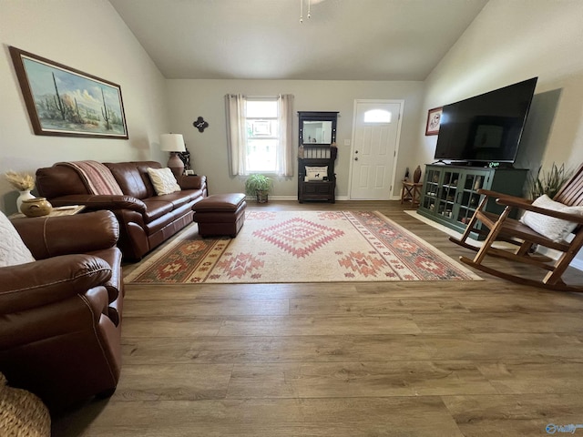 1006 SW 6th St, Attalla, AL 35954 - living room featuring lofted ceiling, wood finished floors, and ceiling fan