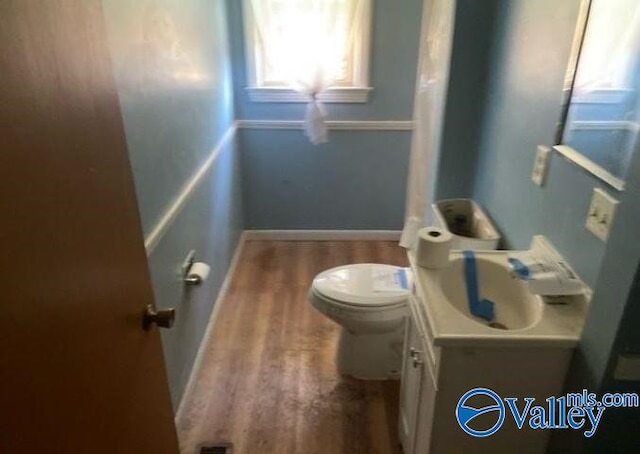 bathroom featuring vanity, toilet, and wood finished floors