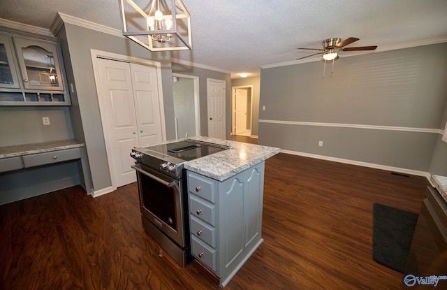 kitchen featuring gray cabinets, decorative light fixtures, stainless steel electric range oven, and dark hardwood / wood-style flooring