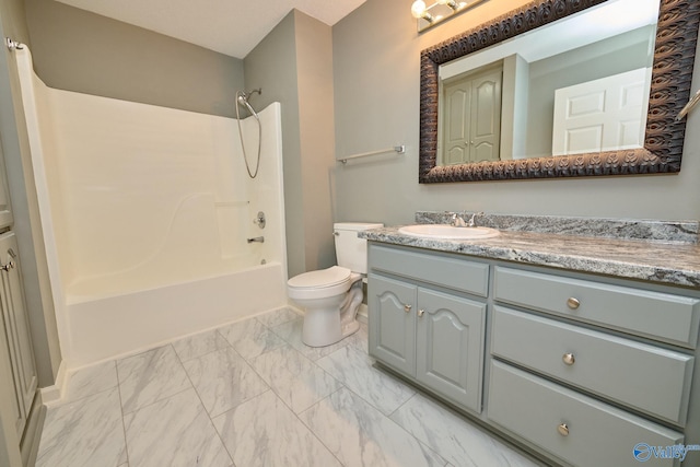 full bathroom with toilet, vanity, and shower / bath combination