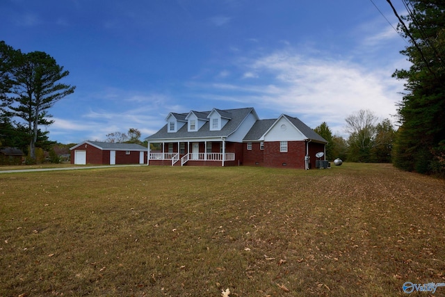 cape cod house featuring a porch, a front lawn, and a garage