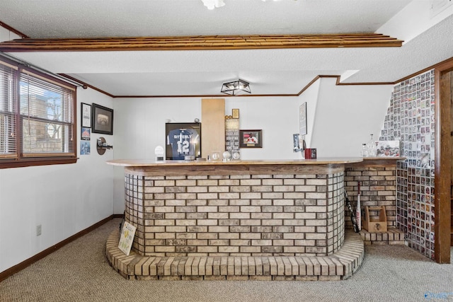 bar with crown molding, carpet floors, and a textured ceiling