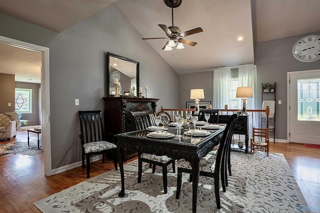208 Burgess Ave, Rainsville, AL 35986 - dining area featuring a ceiling fan, light wood-style flooring, baseboards, and high vaulted ceiling