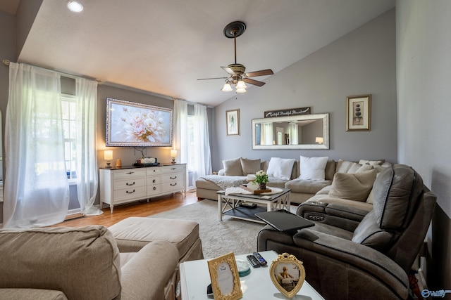 208 Burgess Ave, Rainsville, AL 35986 - living room with lofted ceiling, ceiling fan, and wood finished floors