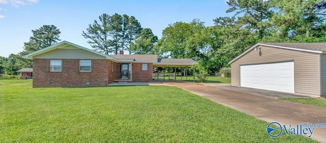 21233 Bean Rd, Athens, AL 35614 - single story home with a front yard, a garage, a chimney, an outdoor structure, and brick siding