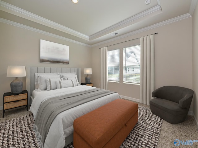 carpeted bedroom with ornamental molding, baseboards, and a tray ceiling