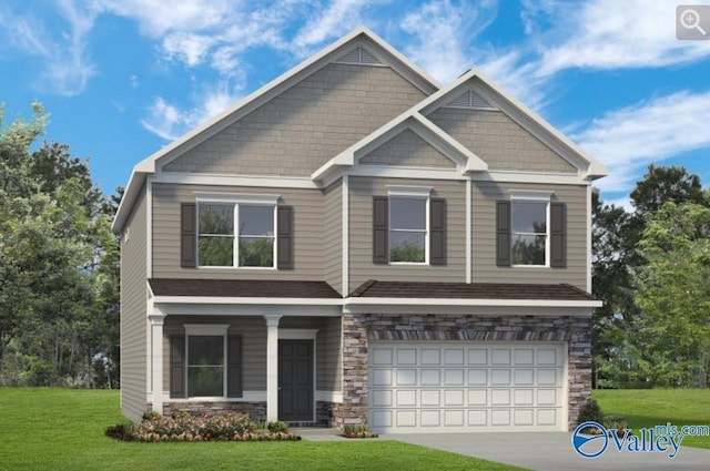 craftsman-style home featuring a garage and a front lawn