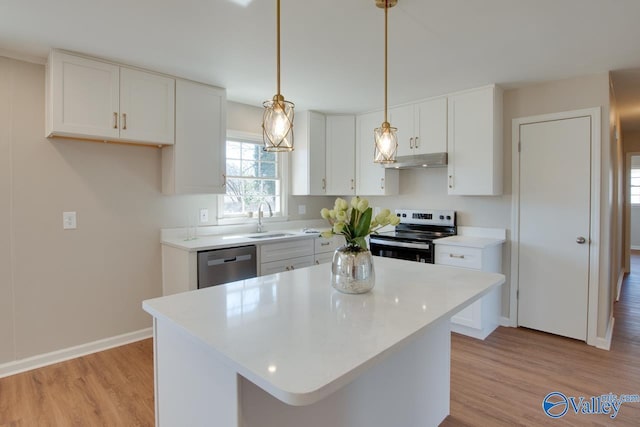 kitchen featuring appliances with stainless steel finishes, white cabinetry, a sink, and under cabinet range hood