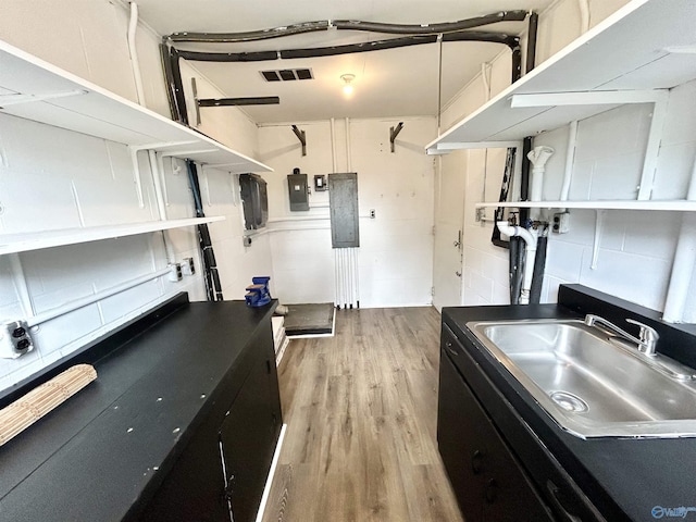 interior space featuring light wood-type flooring, a sink, electric panel, and visible vents