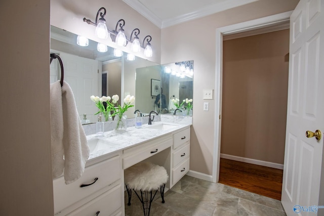 bathroom with vanity and crown molding