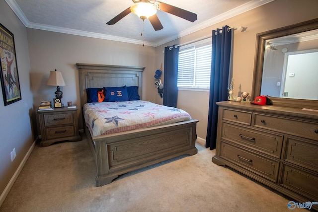 carpeted bedroom featuring crown molding and ceiling fan