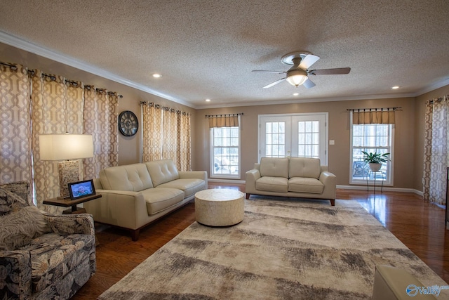 living room featuring crown molding, plenty of natural light, dark hardwood / wood-style floors, and a textured ceiling