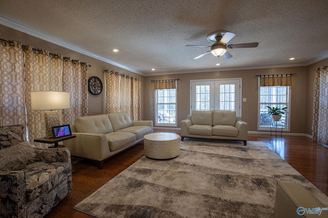 living room with crown molding, a wealth of natural light, dark hardwood / wood-style floors, and a textured ceiling