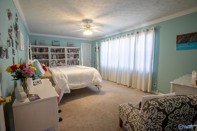 carpeted bedroom with crown molding, ceiling fan, and a textured ceiling