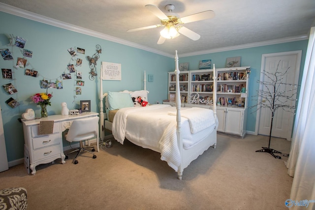 bedroom featuring ornamental molding, light carpet, and ceiling fan