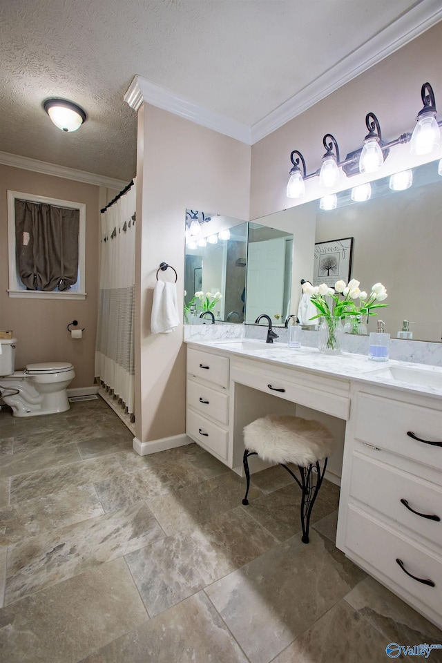 bathroom with walk in shower, toilet, a textured ceiling, ornamental molding, and vanity