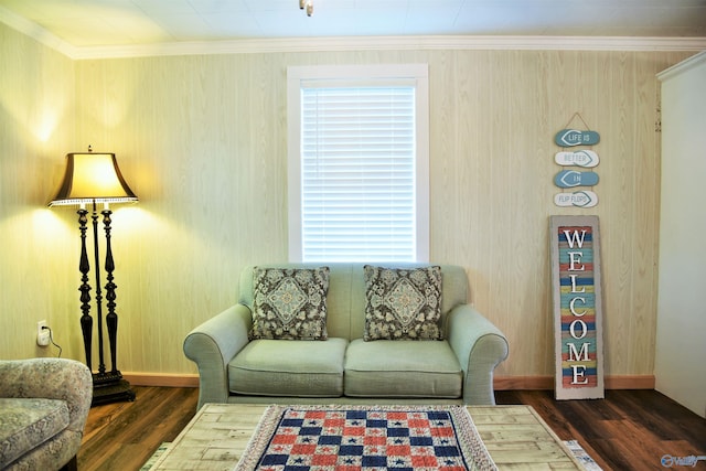 living room with ornamental molding and dark wood-type flooring