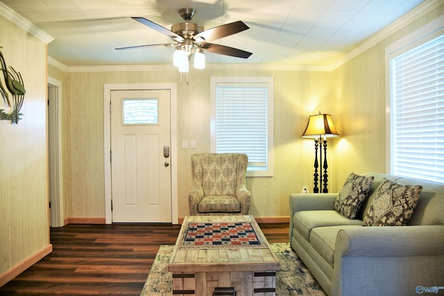 interior space with dark hardwood / wood-style flooring, ceiling fan, and crown molding