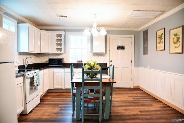 kitchen with plenty of natural light, dark wood-type flooring, and white appliances