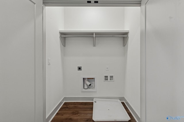 clothes washing area with dark hardwood / wood-style flooring, hookup for a washing machine, and electric dryer hookup