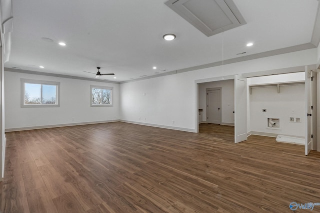 interior space with crown molding, dark wood-type flooring, and ceiling fan