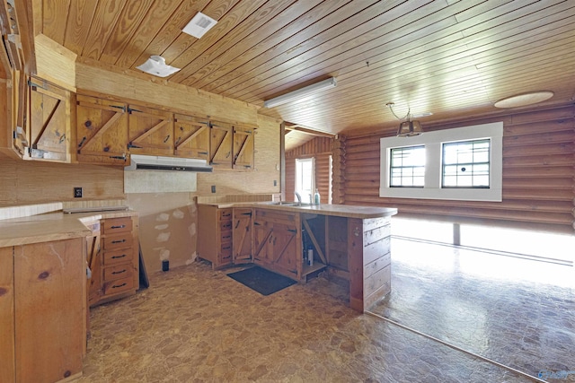 kitchen featuring wooden ceiling, kitchen peninsula, sink, and rustic walls