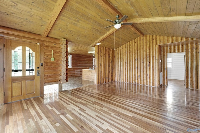 unfurnished living room featuring vaulted ceiling with beams, log walls, wooden ceiling, ceiling fan, and wood-type flooring