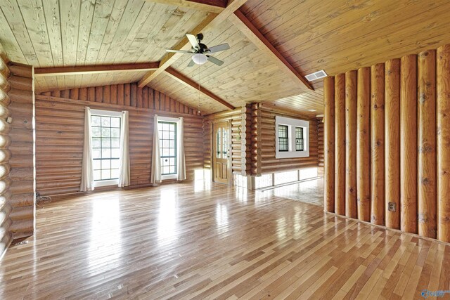 unfurnished living room with light hardwood / wood-style floors, rustic walls, and wood ceiling