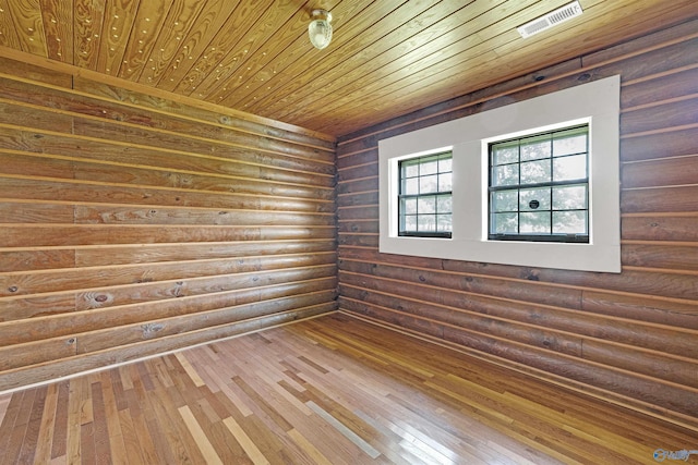 empty room featuring hardwood / wood-style floors, wooden ceiling, and rustic walls