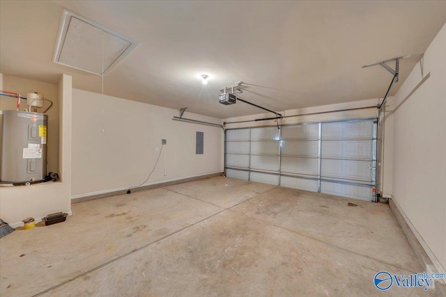 garage with electric panel, a garage door opener, water heater, and baseboards