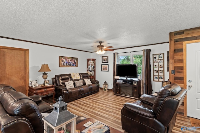 216 Mcdonald Ln, Guntersville, AL 35976 - living room with ceiling fan, wood finished floors, ornamental molding, and a textured ceiling