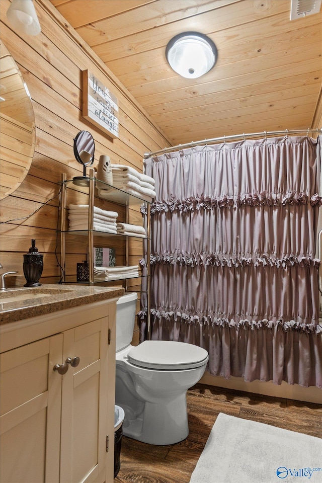 216 Mcdonald Ln, Guntersville, AL 35976 - bathroom featuring wood finished floors, wood ceiling, vanity, wood walls, and a shower with shower curtain