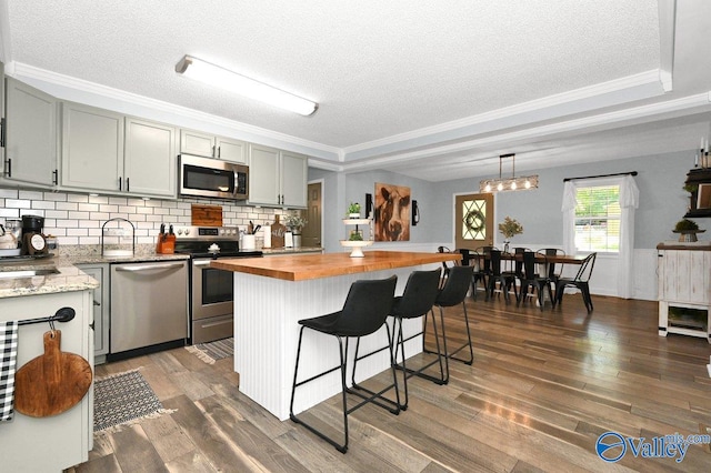 kitchen with wood counters, a kitchen bar, dark wood finished floors, and appliances with stainless steel finishes