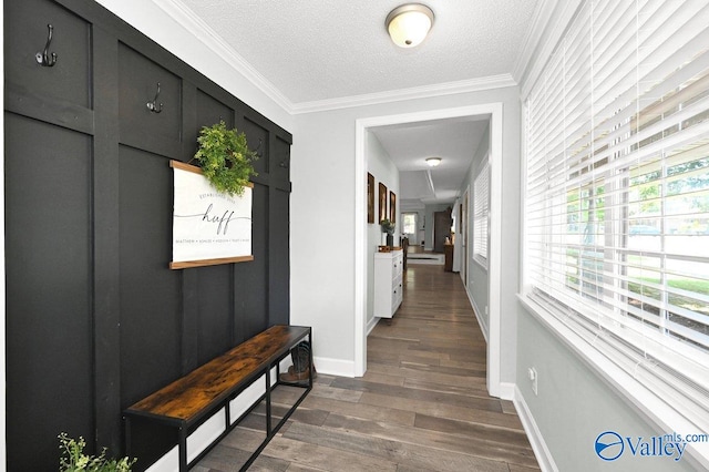 hall featuring dark hardwood / wood-style flooring, ornamental molding, and a textured ceiling