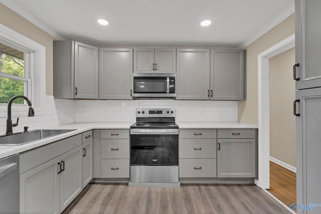 kitchen featuring light wood-style floors, a sink, backsplash, gray cabinetry, and stainless steel appliances