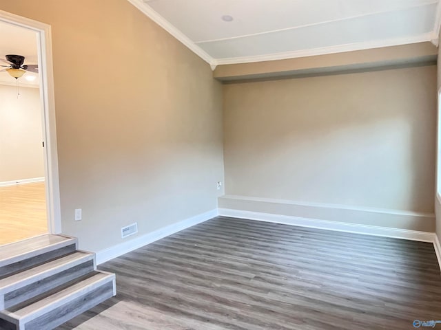 unfurnished room with ceiling fan, ornamental molding, and hardwood / wood-style floors