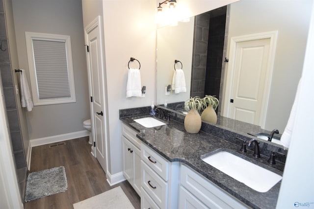 bathroom featuring vanity, wood-type flooring, and toilet