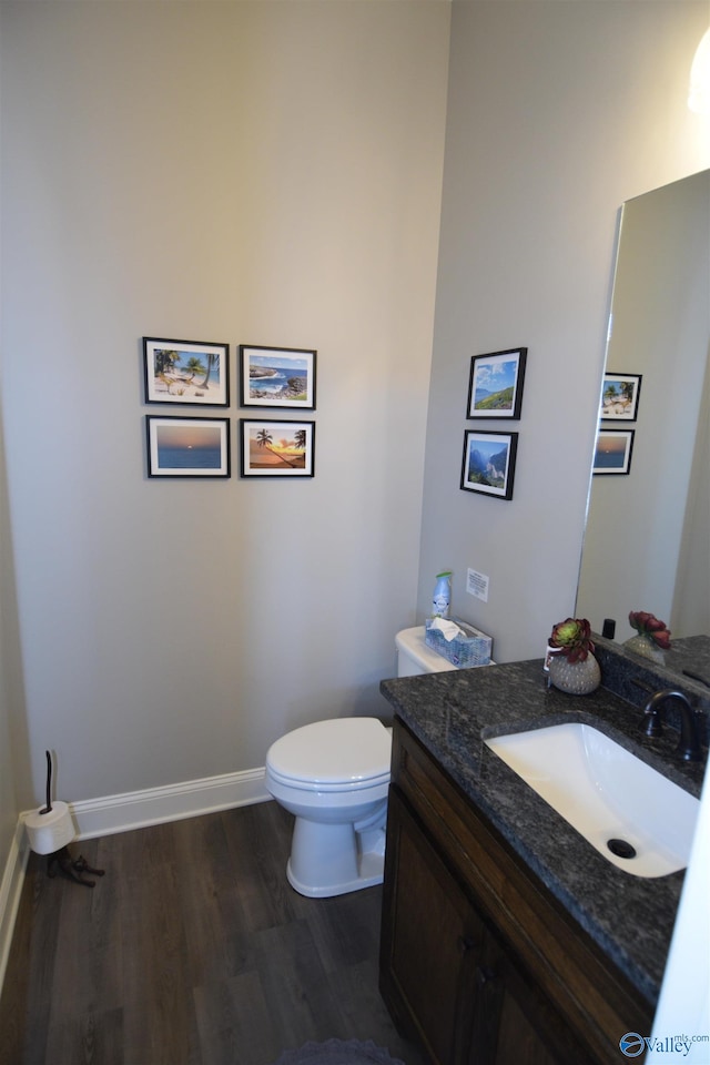 bathroom featuring toilet, vanity, and wood-type flooring