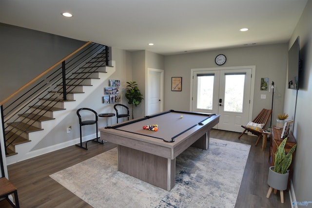 rec room with french doors, pool table, and dark hardwood / wood-style floors