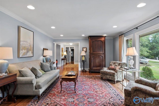 living room with ornamental molding and hardwood / wood-style flooring