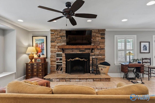 tiled living room featuring a stone fireplace, baseboards, crown molding, and a ceiling fan