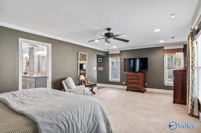 bedroom with light carpet, crown molding, connected bathroom, and ceiling fan