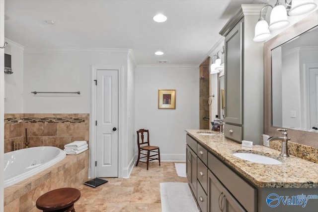 bathroom with double vanity, a sink, crown molding, and visible vents