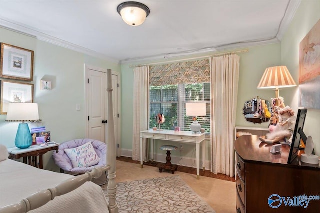 carpeted bedroom with crown molding