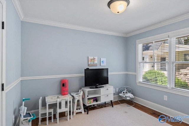 game room featuring ornamental molding and hardwood / wood-style floors