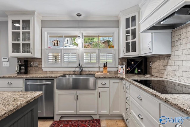 kitchen featuring light stone countertops, dishwasher, black electric cooktop, custom exhaust hood, and white cabinets