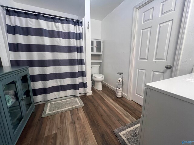 bathroom featuring vanity, toilet, curtained shower, and hardwood / wood-style floors