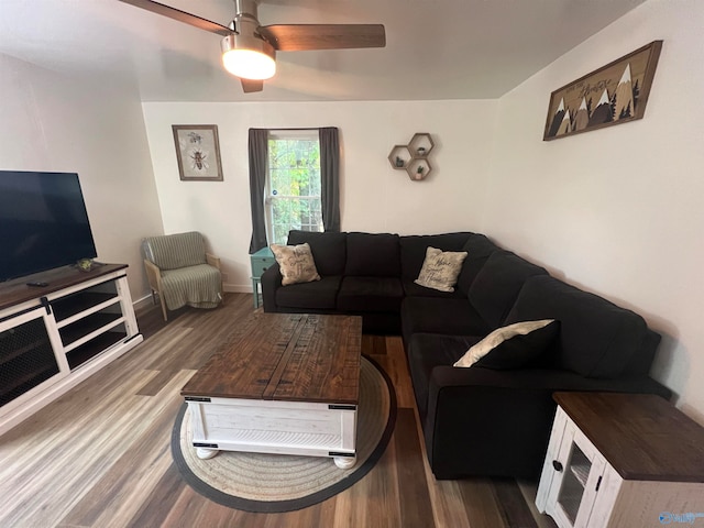 living room featuring hardwood / wood-style floors and ceiling fan