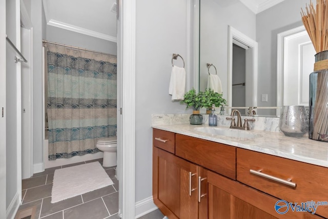 full bath featuring ornamental molding, vanity, toilet, and tile patterned floors