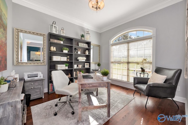 home office featuring dark wood-style floors, visible vents, crown molding, and baseboards